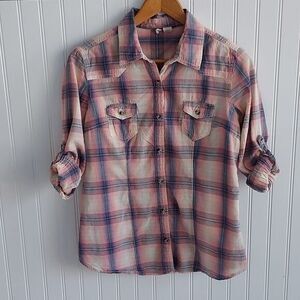Japna Girls Large Shirt Plaid Button Down Roll Tab Sleeve Pink Blue‎
